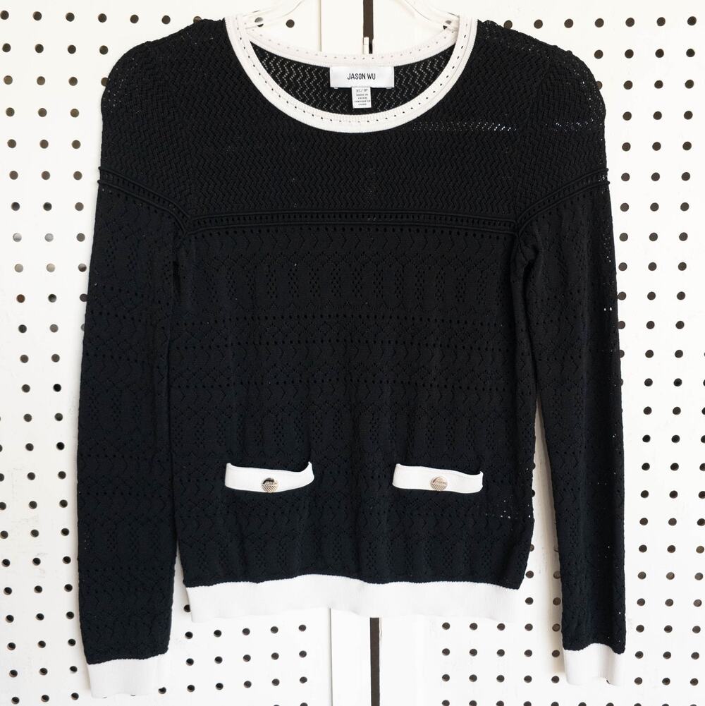 Jason Wu Black Sweater SIZE‎ XS Black White Preppy Open Knit Lightweight Top